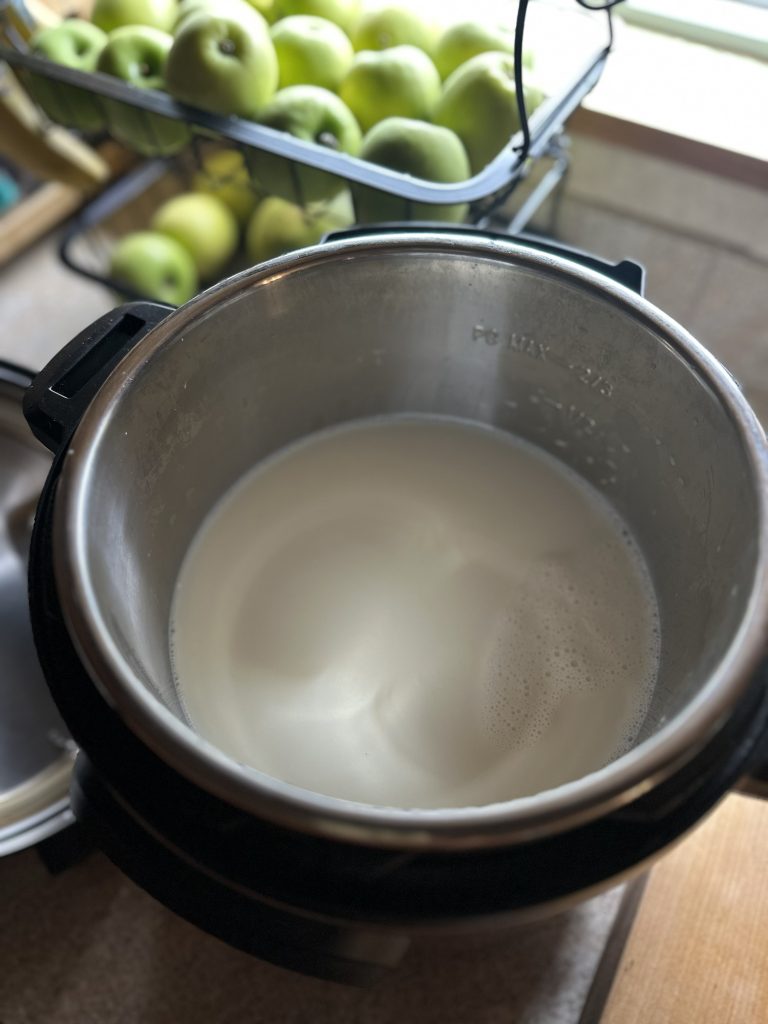 milk in instant pot with lid off sitting on counter
