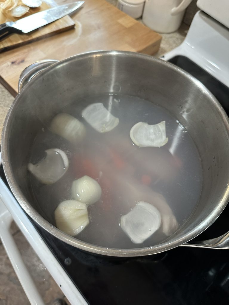 cooking chicken in pot of water on stove