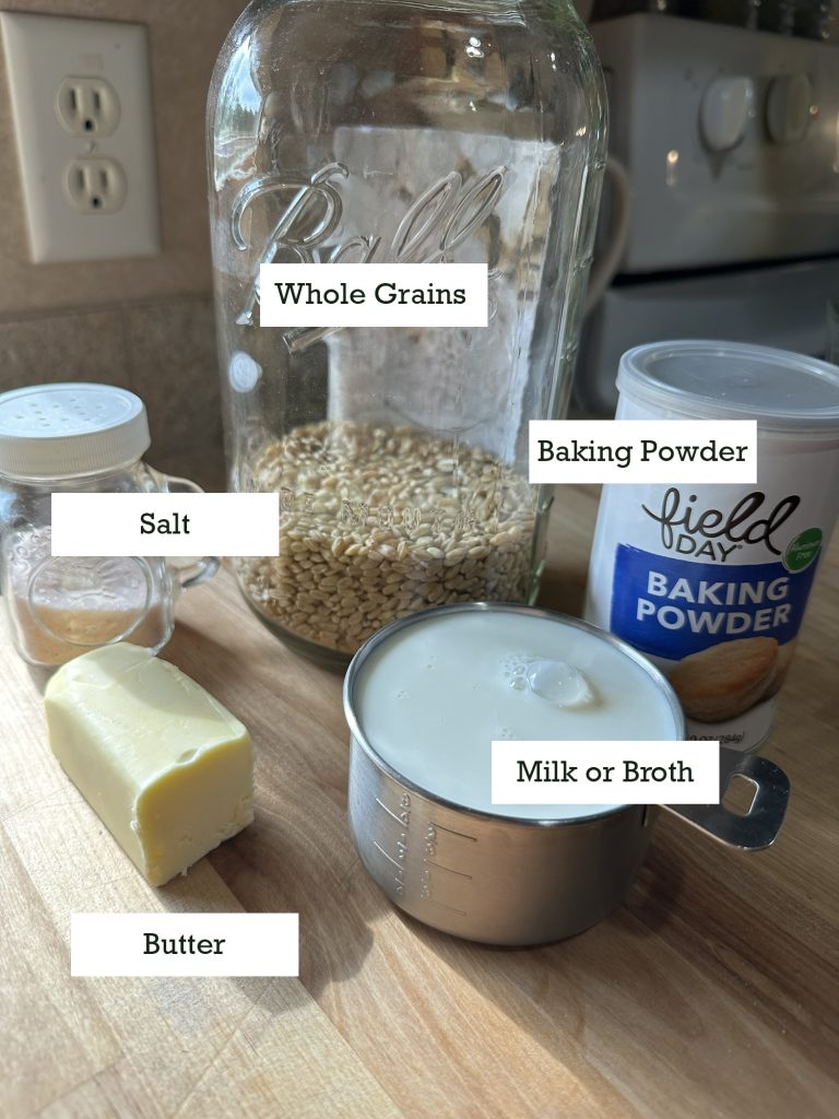 ingredients for fresh milled whole grain chicken and dumplings on counter.